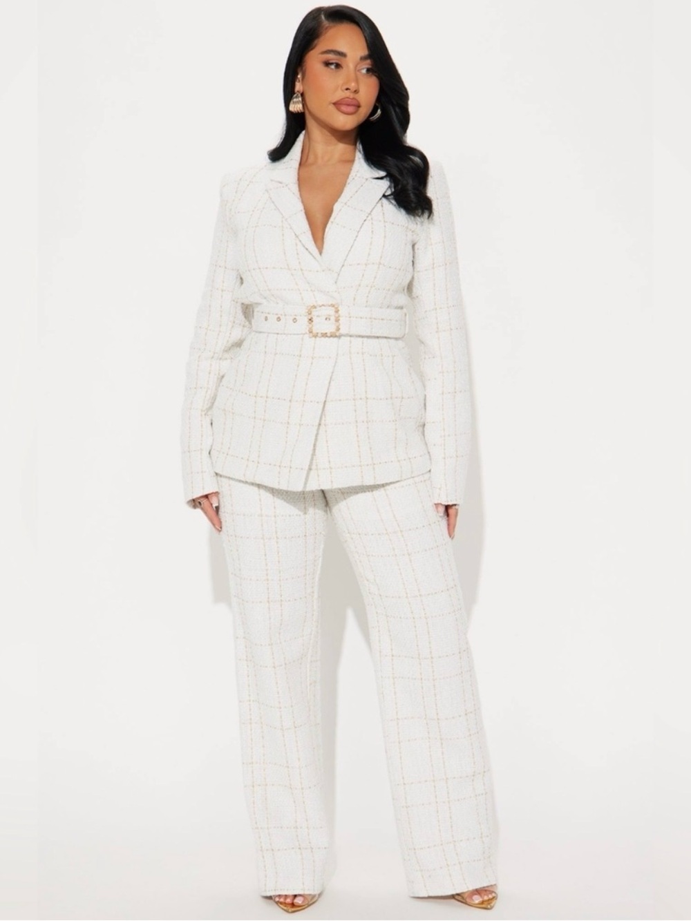 Ivory Plaid Belted Blazer & Wide-Leg Pants Set